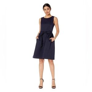 Tahari Bow Front A Line Sleeveless Dress Pockets Navy Blue Size 4